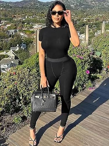 ZFLM Casual Workout Two Piece Outfits for Women Fitted Crew Neck T-shirt High Waist Pants Matching Sets Streetwear4