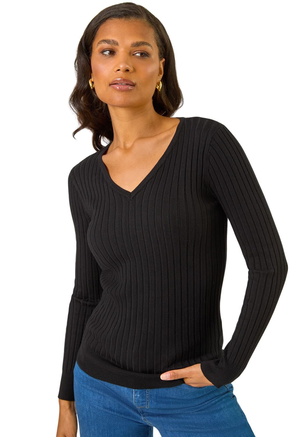 Roman Women's Black V-Neck Ribbed Knit Jumper In Size 14