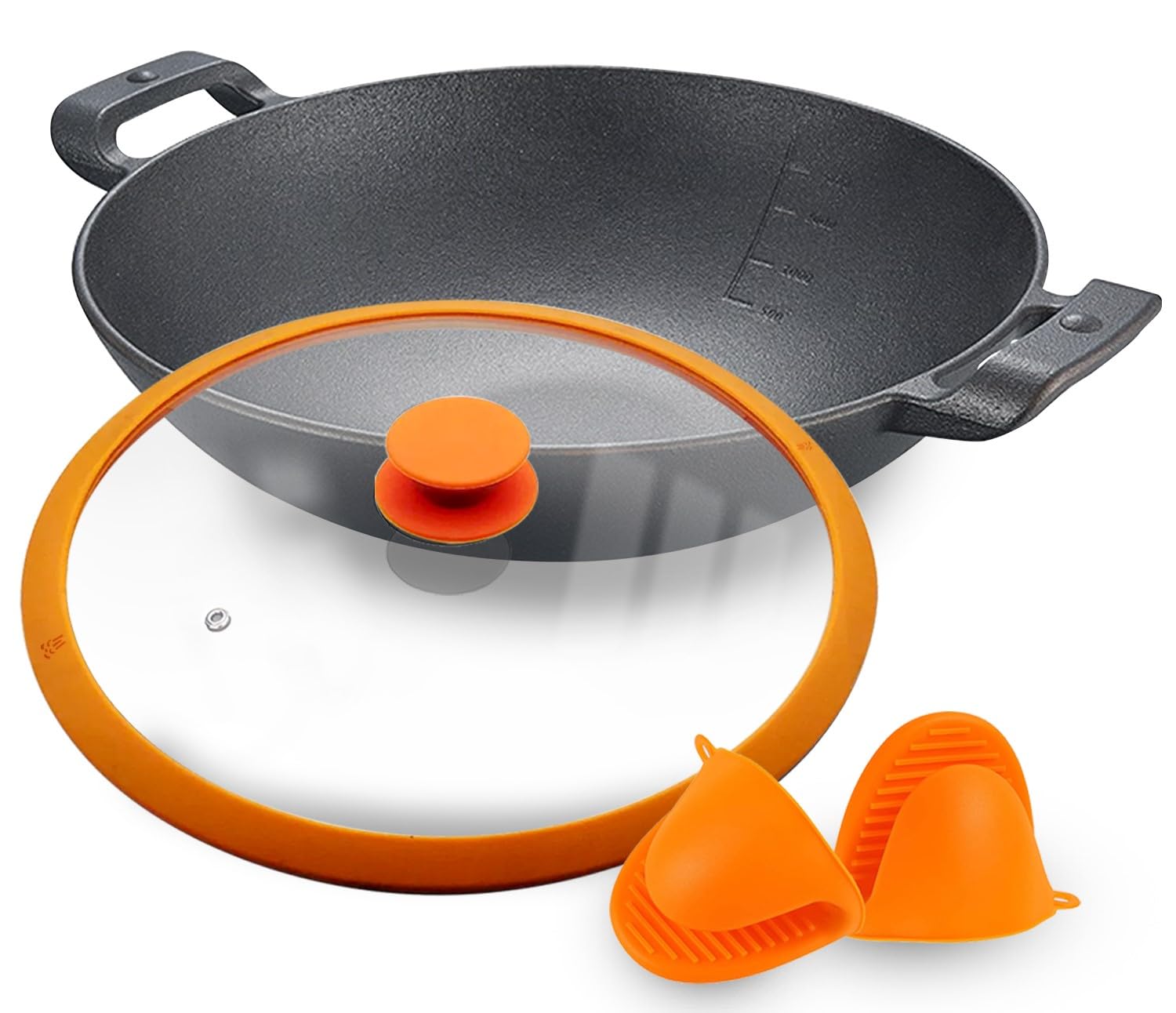 CountryCook Pre-Seasoned Cast Iron Wok/Kadai/Kadhai 26 Cms Cookware With Glass Lid Heavy Duty Induction Friendly, Orange
