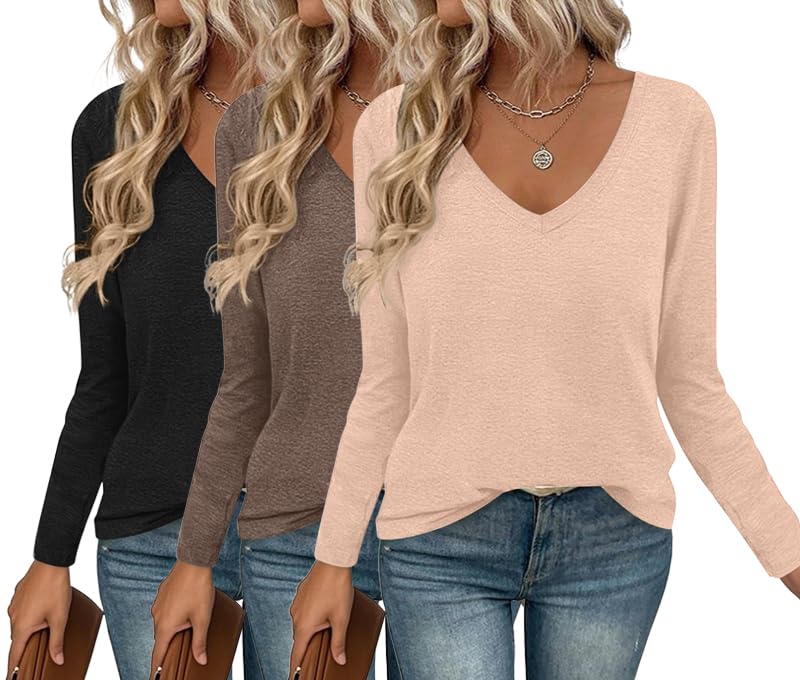 Ekouaer 3 Pack Long Sleeve Shirts for Women V Neck T Shirt Fall Casual Tops Basic Base Layer Undershirts Tees 2025 S-XXL