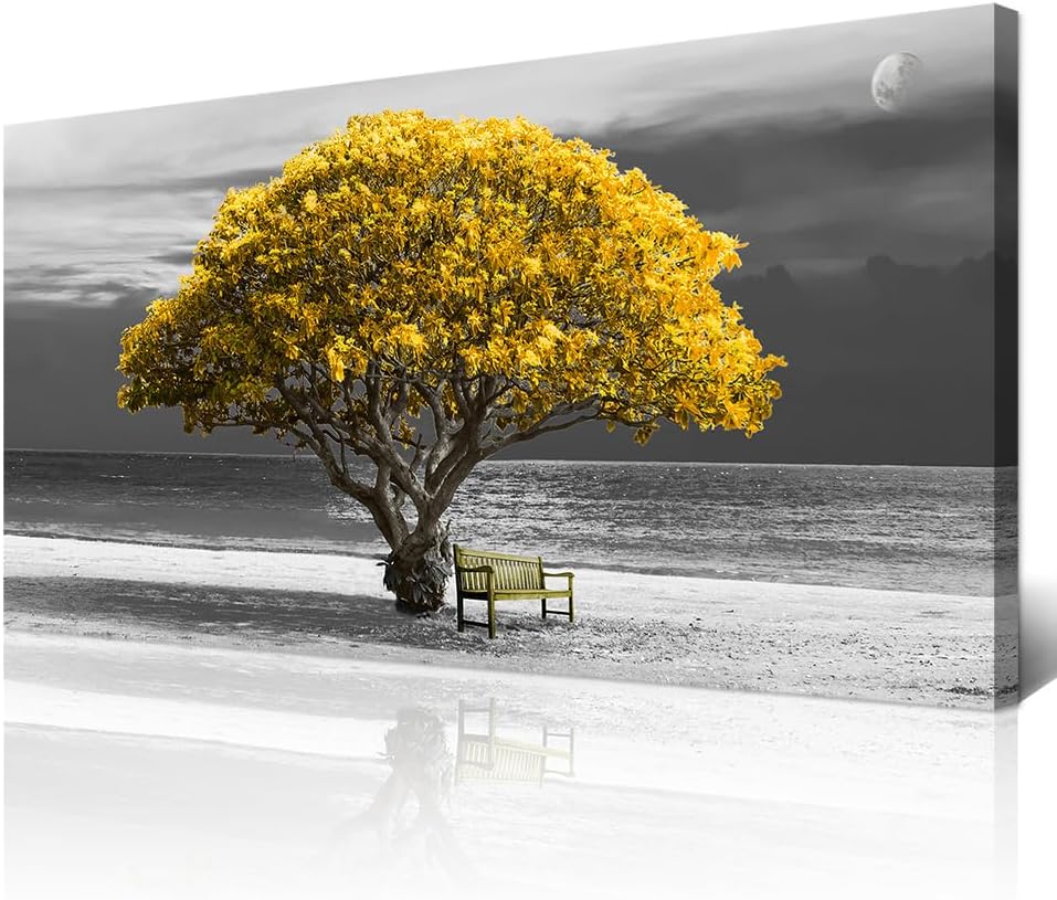 Wapluam Canvas Wall Art For Living Room Wall Decorations For Office Bedroom Wall Decor Black And White Landscape Wall Paintings Yellow Trees Framed Wall Pictures Artwork Home Decor Mural 20X40 inch 20x40inches Yellow Tree Moon
