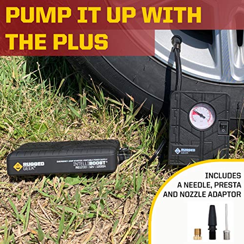 RUGGED GEEK RG1200 Safety Plus 1200A Portable Car Jump Starter with Wireless Charging, Type-C Ports and 12V Air Compressor/Pump. LED Display, INTELLIBOOST 2.0 Safety Cables, LED Flashlight, USB Ports.
