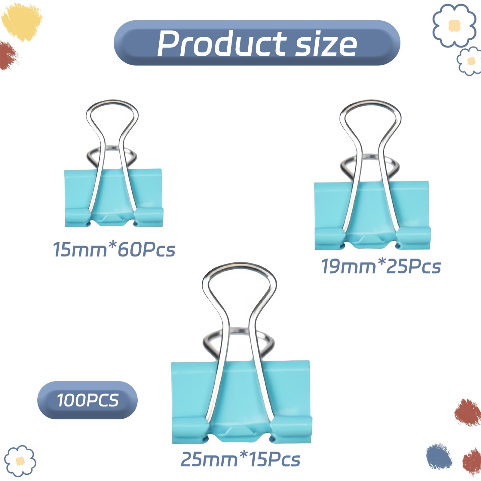 100 PCS Binder Clips,3 Sizes Colorful Foldback Clips,Colorful Stationery Document Money Paper Clips,Metal Bulldog Clips,Suitable for Office,School,Home,Kitchen Store(15mm/19mm/25mm) - Image 2