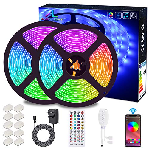 ALED LIGHT Bluetooth LED Strip 10M Waterproof Light Music Sync Color Changing RGB 12V 5050 Cuttable Sticky Light with Remote&App Control Lights for Indoor Outdoor Party TV Kitchen Decoration(2x5m)
