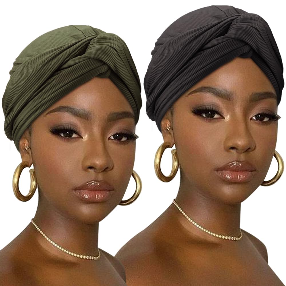 DRESHOW African Turban for Women Knotted Hairwraps Headwraps Ribbed Turban Stretch Jersey Head Scarf Chemo Cancer Cap