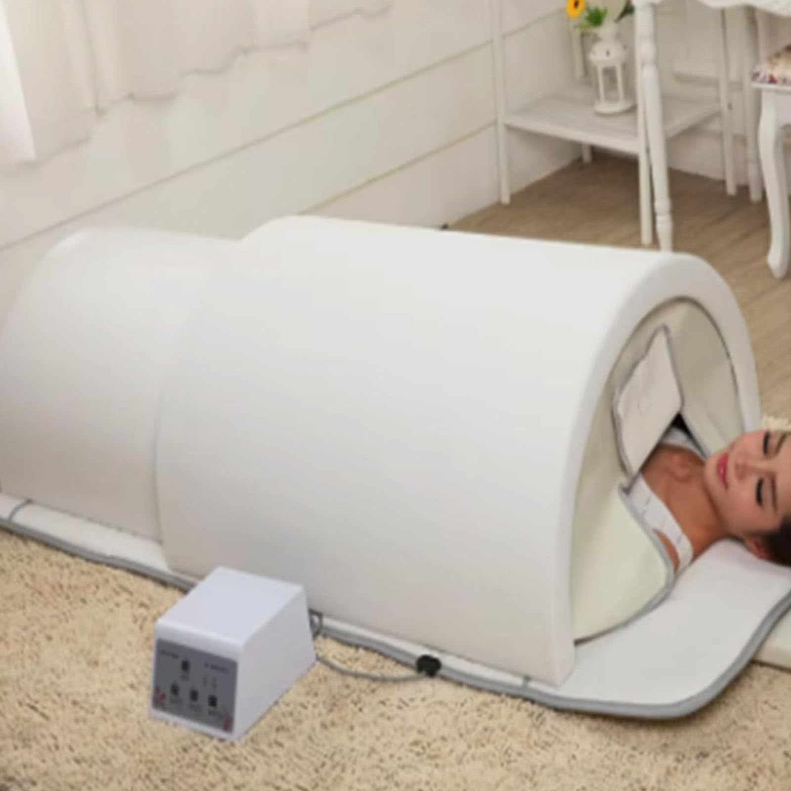 Dome sauny na podczerwień daleką, profesjonalna sauna wewnętrzna w formie kapsuły, z kamieniami turmalinu/germanu i podgrzewaną matą, idealny na prezent (White)