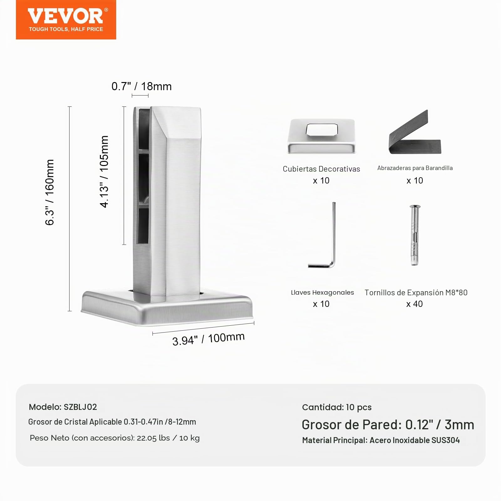 VEVOR Abrazadera de Vidrio, 10 Soportes de Barandilla de Vidrio Cuadrado 100 x 100 x 160 mm para Vidrio Templado de 8-12 mm de Espesor, Acero Inoxidable 304, para Balcón, Jardín, Escalera, Plateado