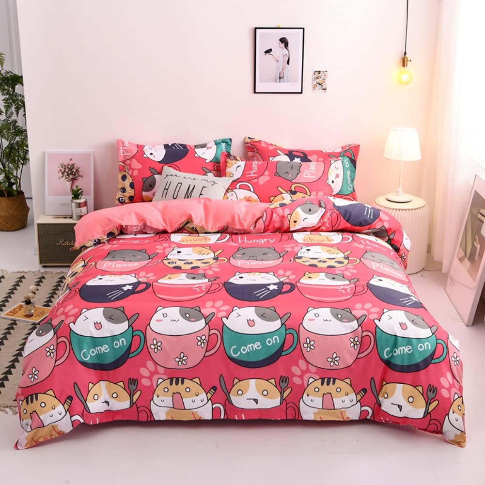 Loussiesd Kids Bedding Set Cute Cats Kitten Comforter Cover Set Single For Girls Children Teens Bedroom Decor Lovely Cartoon Pet Animal Cup Cat Duvet Cover Set Kawaii Bedspread Cover