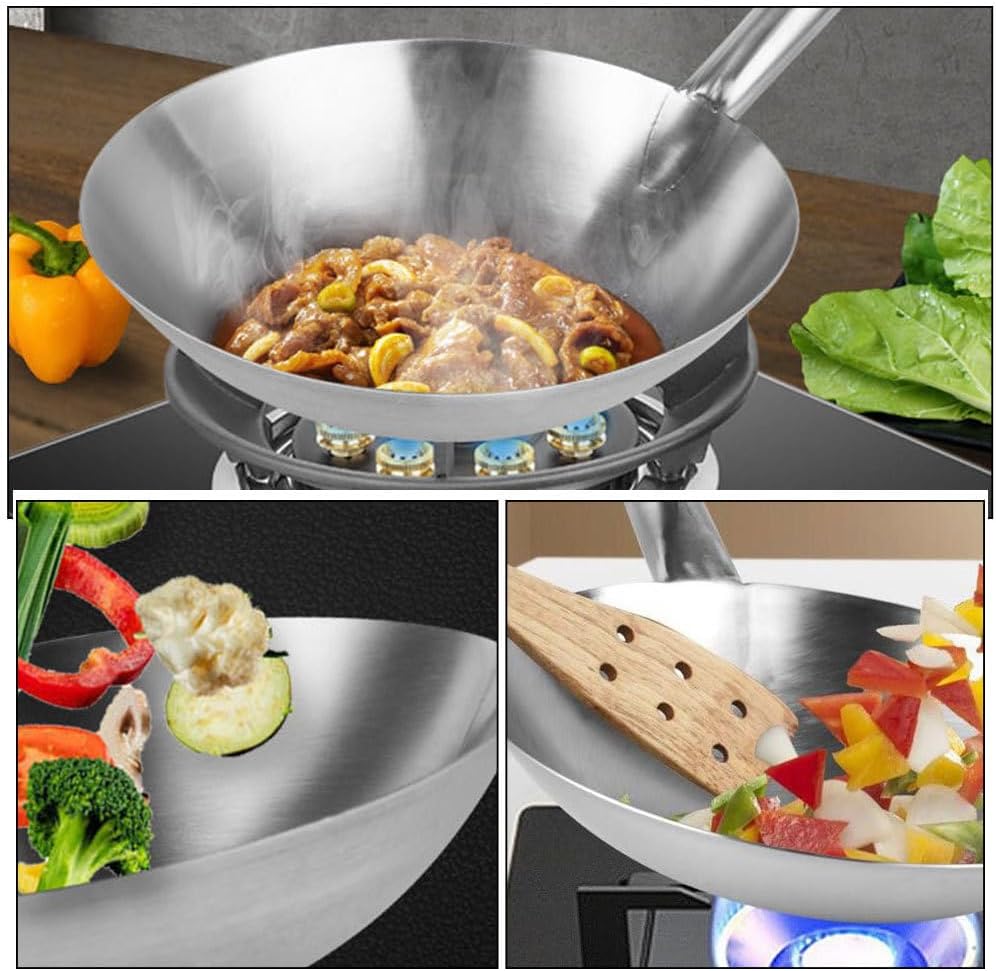VOSAREA Heavy Duty Stainless Steel Wok Pan Handle 12-Inch Round Bottom Cooking Pan for Induction Electric Gas Stoves Versatile Home Cookware Random Style