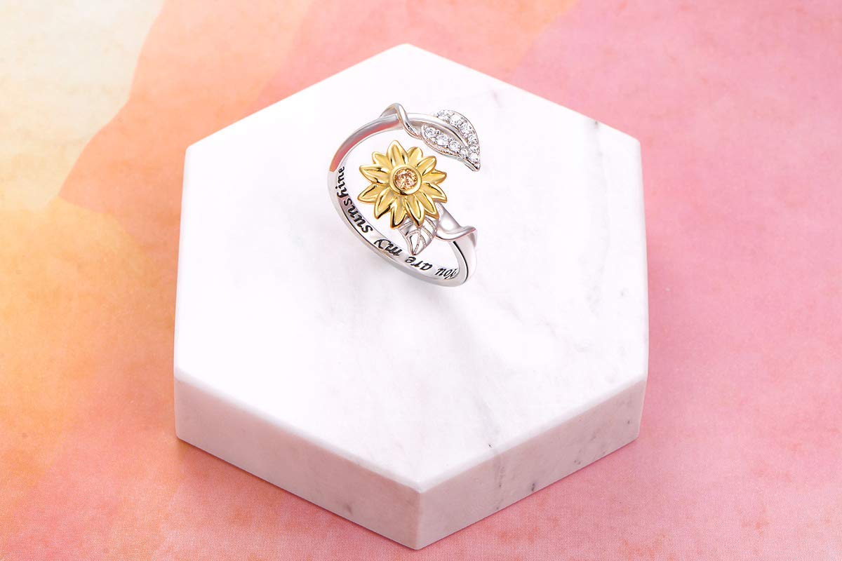 Flyow Bague ouverte réglable en argent sterling 925 avec motif tournesol et feuilles avec inscription You are My Sunshine pour femmes et filles