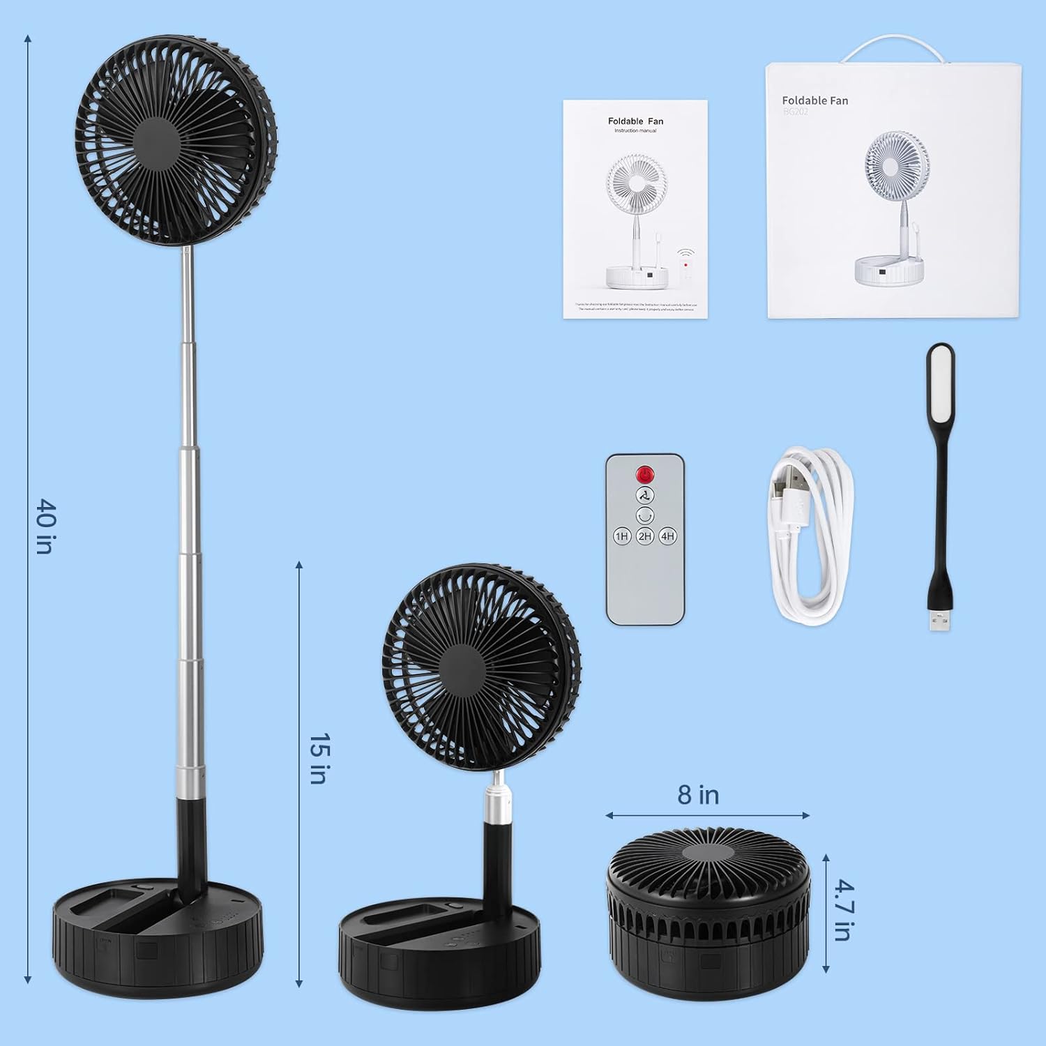 KLUFO Portable Folding Fan, 10000mAh Rechargeable Retractable USB Standing Fan, 4 Speed Ultra Quiet Adjustable Height and Head for Office Bedroom Outdoor Travel Camping Fishing (Black)