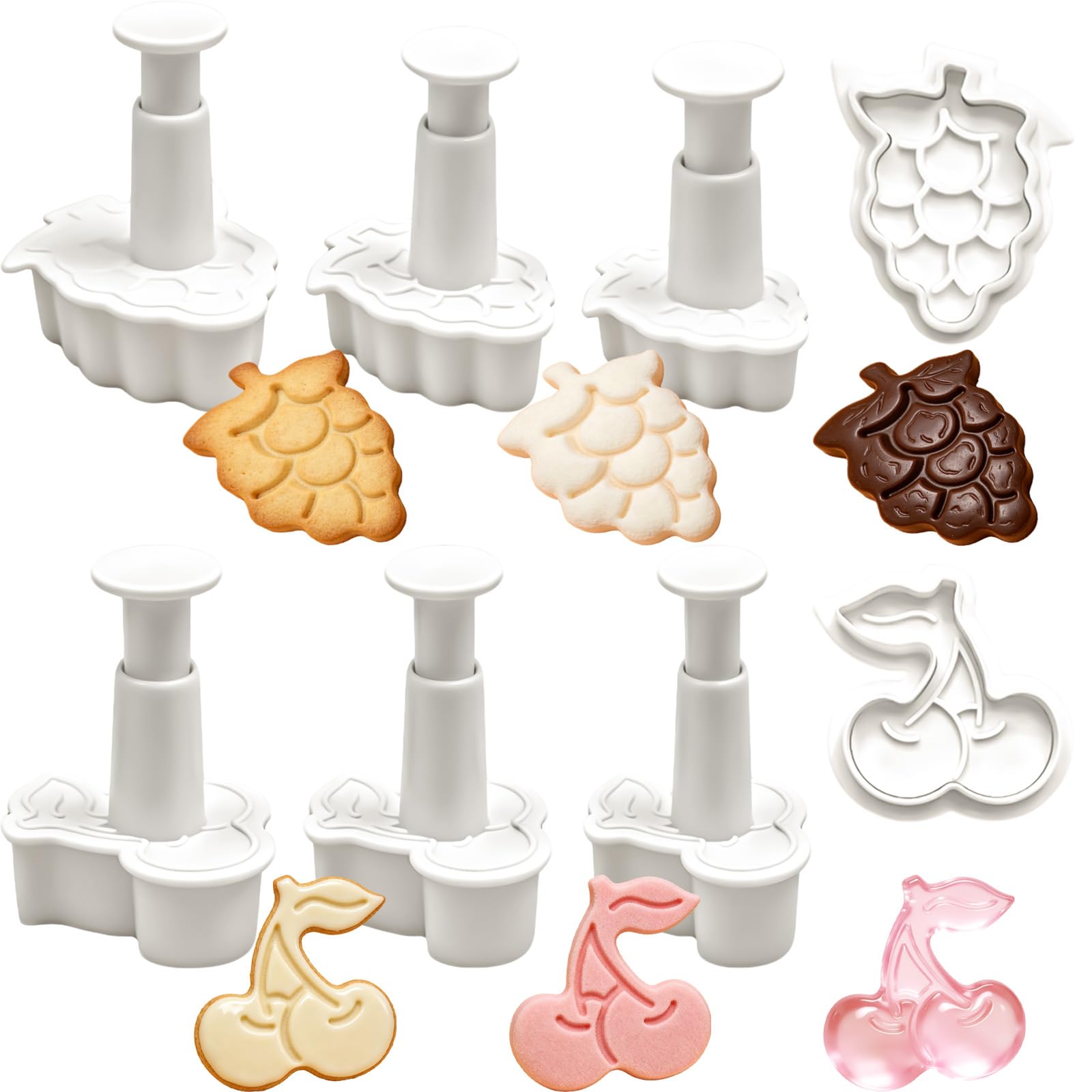 6 PCS Grape Cherry Fondant Cutter Cute Fruit Plunger Cookie Cutters Grape Fondant Mold Dessert Decorating Accessories Cherry Embossing Tool for DIY Biscuits, Sugar Cubes, Chocolate Cake — image 1