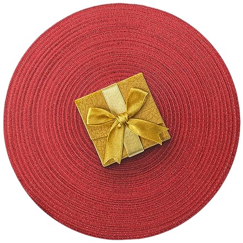 AHHFSMEI Round Braided Placemats Set of 6 Round Table Mats for Dining Tables Natural Woven Heat Resistant Place mats 15 Inch (Christmas red, 6)