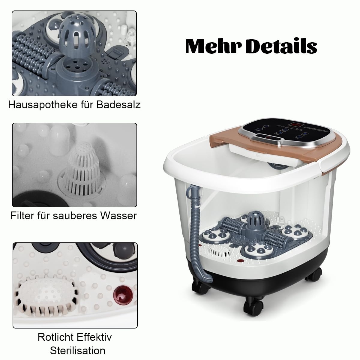 SOARS Fußbad Massagegerät elektrisch, Fußbadewanne mit Abnehmbarer Massagefläche, mobiles Fußmassagegerät mit Heizungs- & Dusch-Funktion, 10-60min Timer, 35-48℃ (Braun)