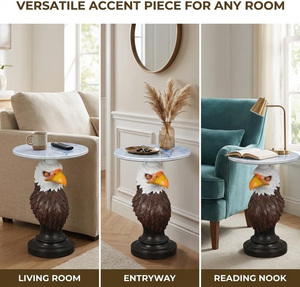Eagle Head Accent Side Table, Faux Marble End Table with Sturdy Eagle Sculpture for Living Room Bedroom Office