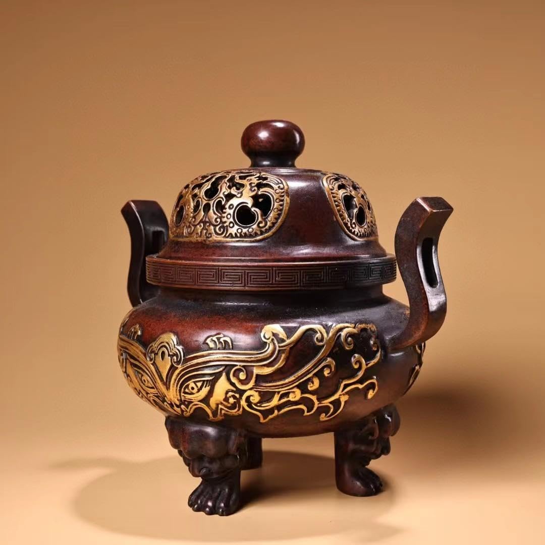 中国古美術・旧蔵鏨刻鎏金の獣面熏香炉・純赤銅细密彫・高浮彫・置物・茶道具・箱付き Amazon.co.jp: 中国古美術・旧蔵鏨刻鎏金の獣面熏香炉・純赤銅
