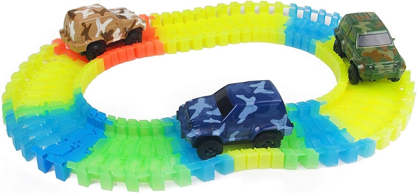 SeecurIT Replacement Toy Cars Blue, Brown and Dark Green Jeeps (3-Pack) with 3 LED Lights Compatible with Most Tracks Including Magic Tracks for Boys and Girls