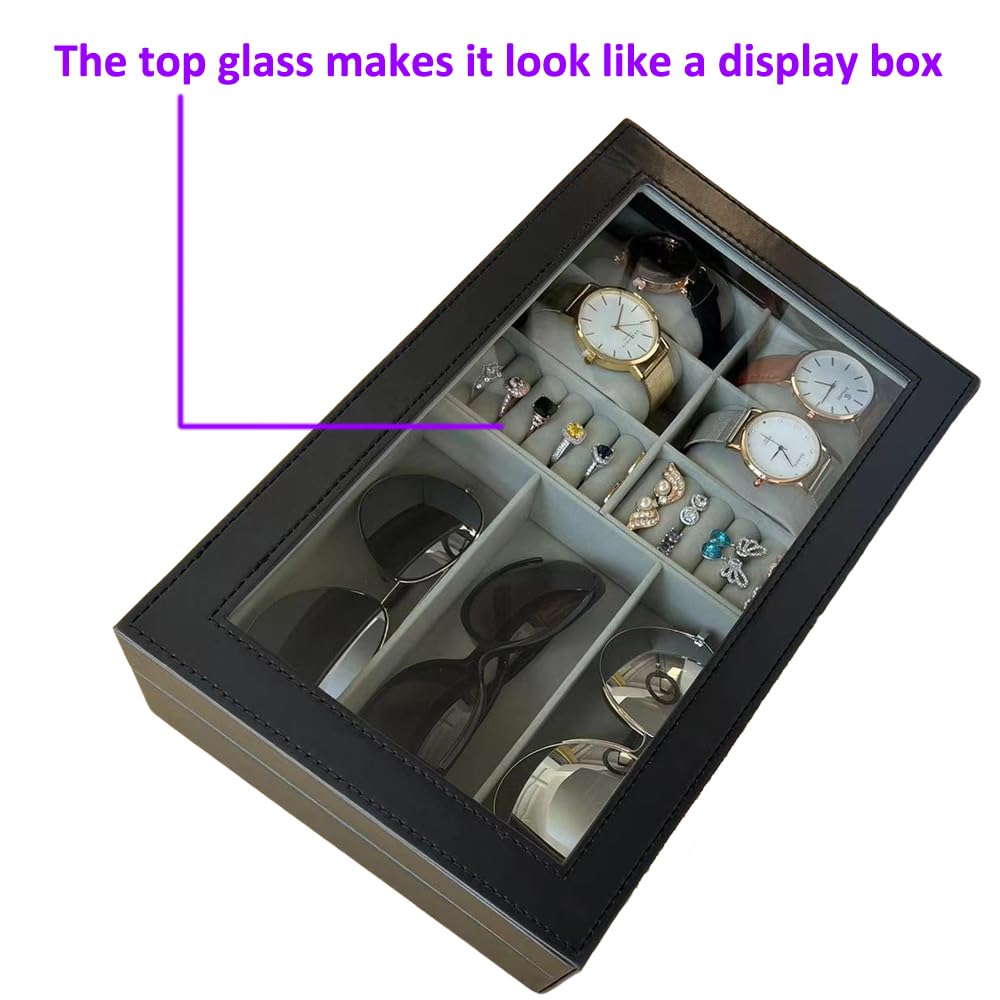 VOVEWAN Men Women Watch Box Watch Case Jewelry Organizer Holder Jewelry Display Box Case Glass Top Sunglasses Storage Organizer Lockable PU Leather