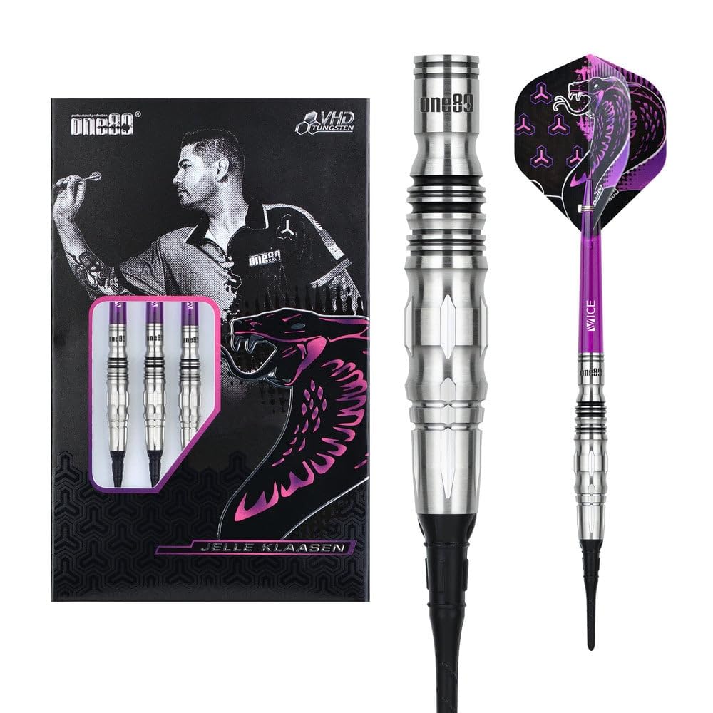 ONE80 Soft Dart Jelle Klaasen The Cobra V2 VHD 90% wolframu – idealna równowaga i przyczepność dla graczy miękkich rzutek, zestaw rzutek z trzonkami i lotkami, wysokiej jakości rzutki z wolframu