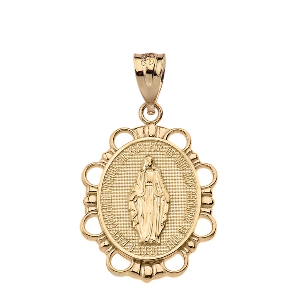 Claddagh GoldSolid 14k Yellow Miraculous Medal Of Blessed Virgin Mary Pendant (Large)