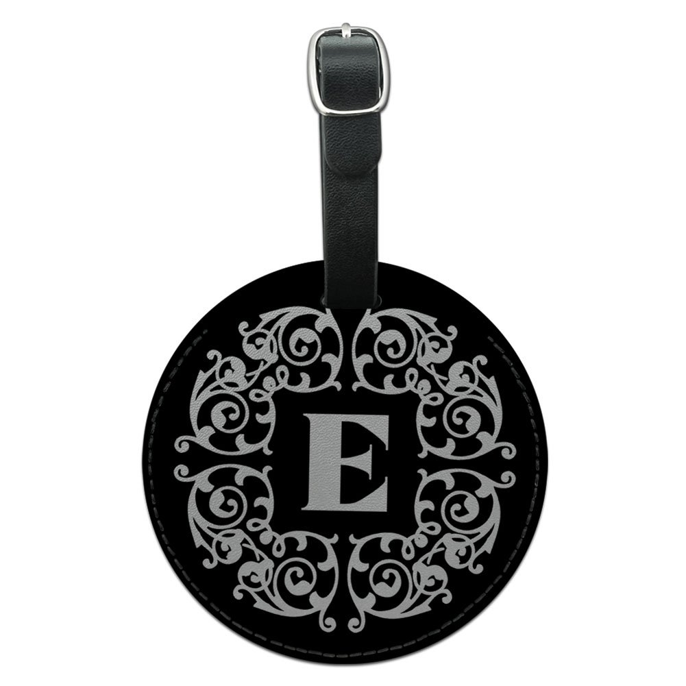 Graphics & More Letter E Initial White Scrolls Round Leather Luggage Id Tag Suitcase, Black