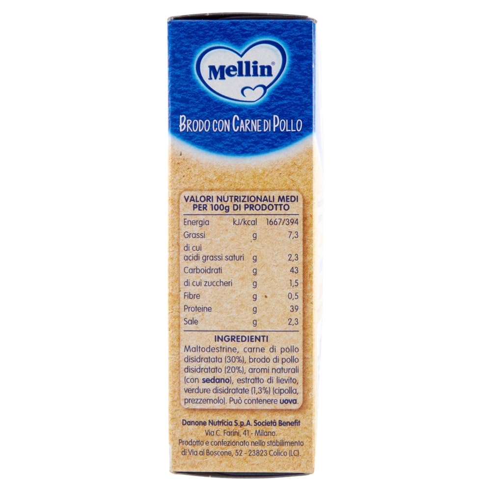 Mellin Brodo con carne di pollo 100% Gusto Delicato, per tutta la famiglia caldo con carne de pollo 100% sabor delicado, para toda la familia 12 x 50 gr + polpa italiana gourmet 400 g