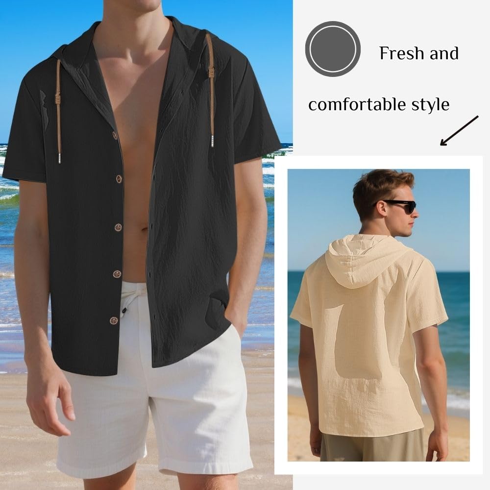 Camicia da uomo, in cotone e lino, con cappuccio, a maniche corte, da spiaggia, estiva, elegante