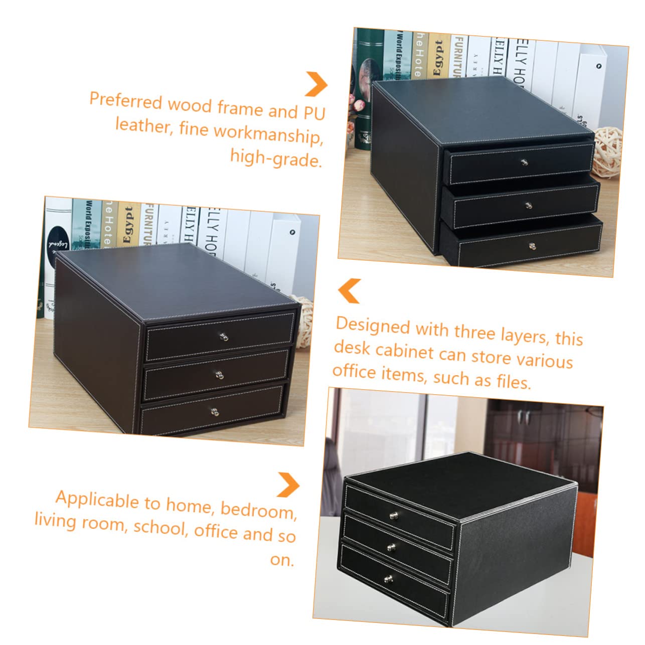 NUOBESTY Caja de Archivo de Escritorio de Cuero de Tres Capas A4 Negra | 1 Pieza, Madera y Pu, Cajón de Deslizamiento Suave, para Documentos y Objetos Sueltos en Casa o Salón