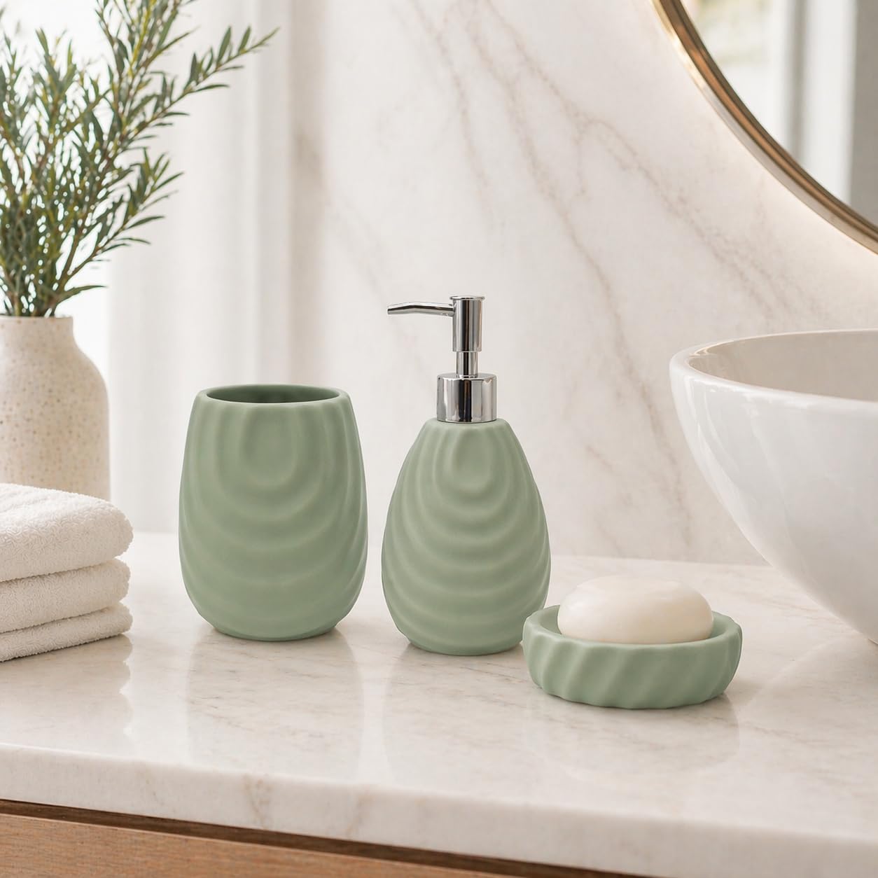 Set Accessori Bagno 3 Pezzi in Ceramica Lucida Modello Incas, Dispenser Sapone Liquido, Porta Spazzolini e Porta Saponetta (verde)