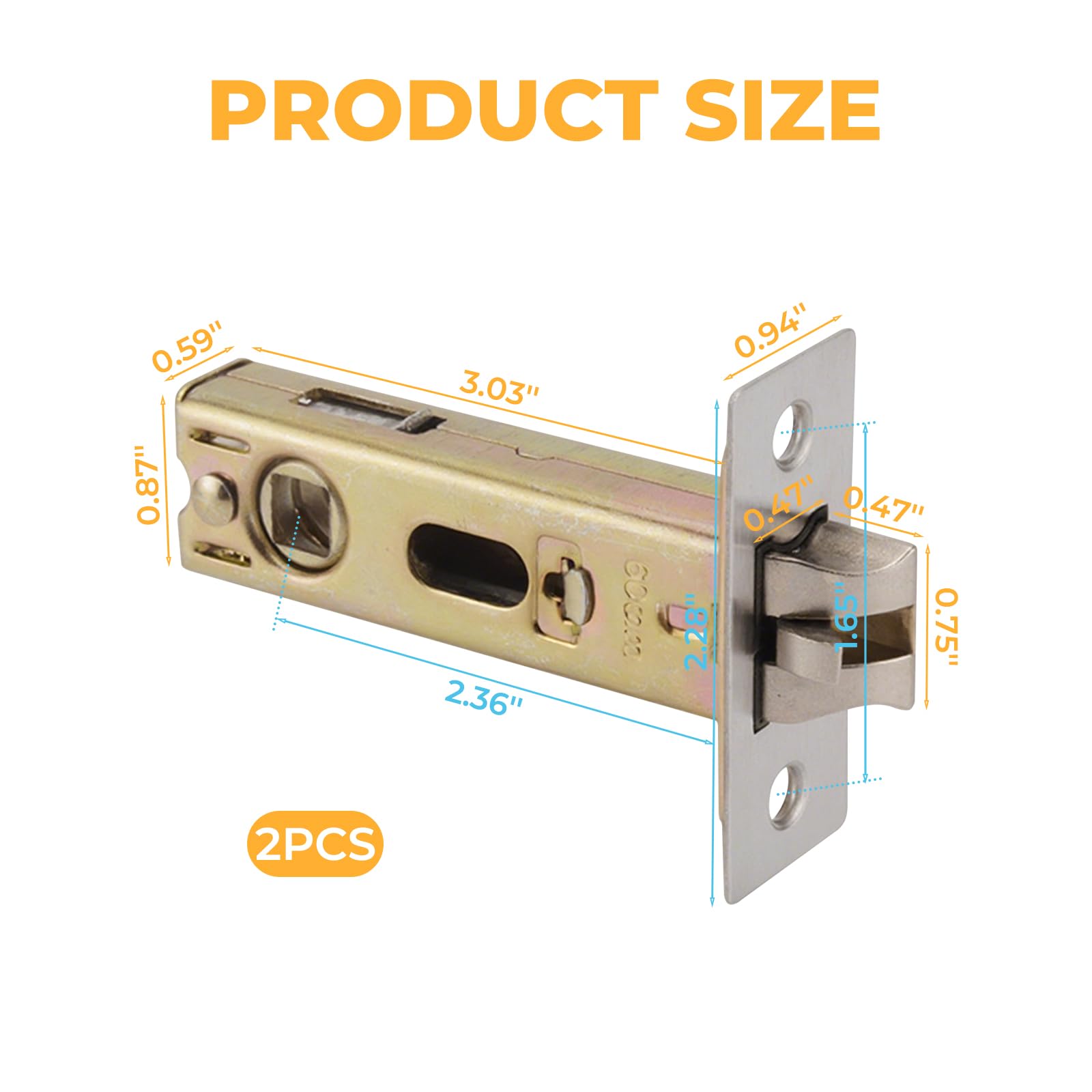 Hsrag 60mm Tubular Mortice Latch, T-60 Anti-Pick Lock Latch, Stainless Steel for Internal Door Latch Bathroom Door Handles - Image 2