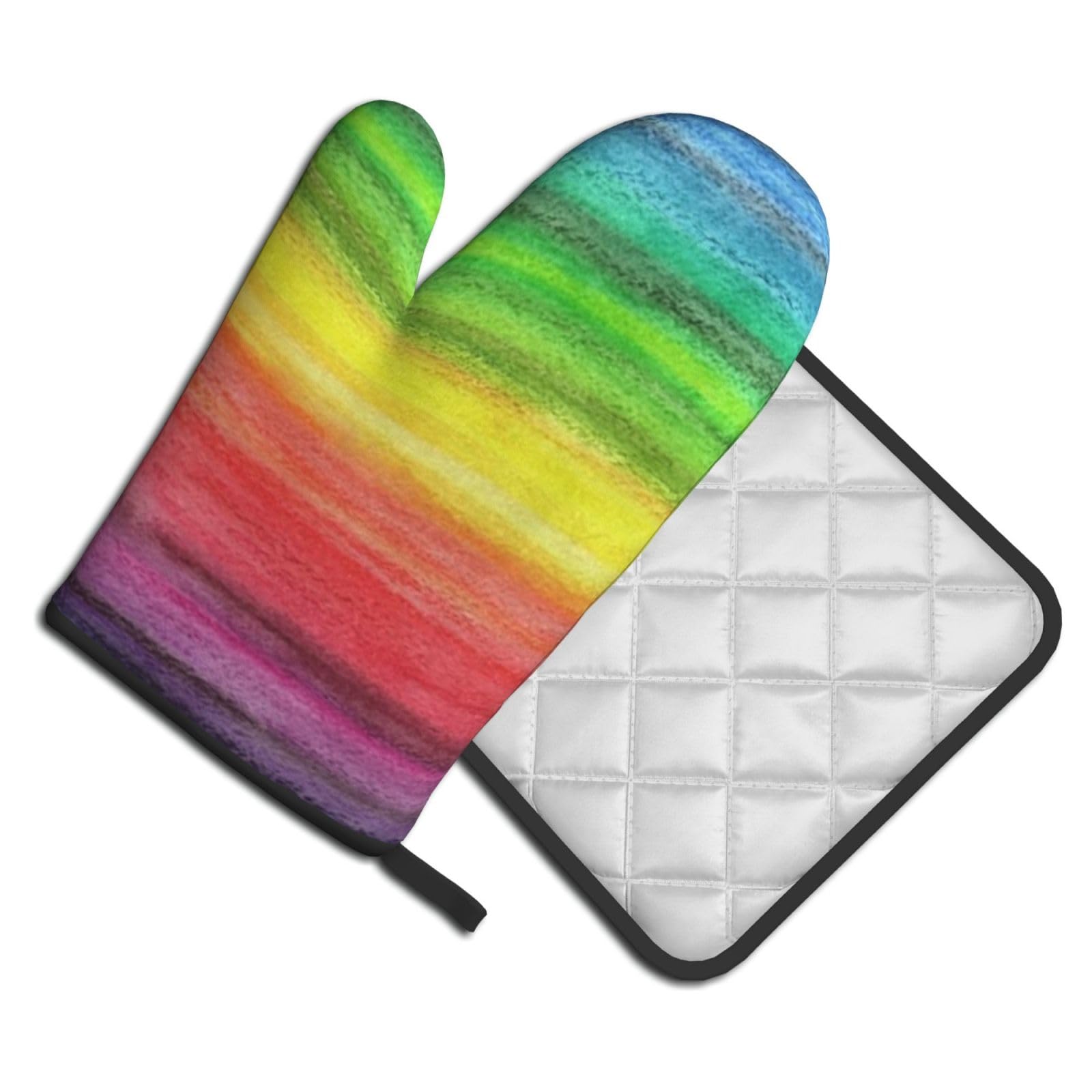 Oven Mitts and Pot Holders Set of 2 Pcs, Watercolor Rainbow Printed Heat Resistant Kitchen Gloves Potholders for Cooking Baking Grilling