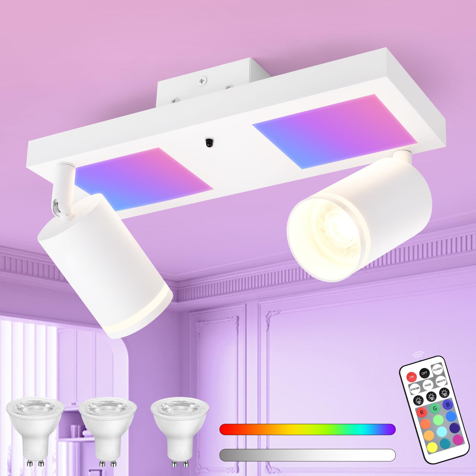 YindaLux Plafonnier LED 2 Spots avec Télécommande, RGB 17W 2300LM Spots de Plafond GU10 Orientable, Blanc Plafonnier Spot avec Lueur Inférieure 7W+2x5W GU10 pour Salon Cuisine Chambre