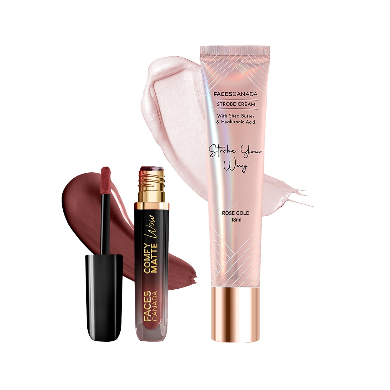 FACES CANADA Comfy Matte Wow Liquid Lipstick - Cocoa Crush 07 (3.8ml) & Rose Gold Strobe Cream (18ml) Combo| Highly Pigmented | Flawless Radiant Dewy Skin | Illuminating & Glowing Makeup Base