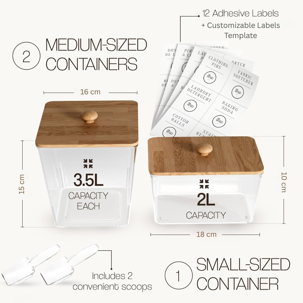 3 Pack Acrylic Laundry Room Organization Containers with Gold & Wood Knobs – Laundry Pods Container & Detergent Organizer Set | Clear Laundry Jars | Scoops & Customizable Labels | Storage Canisters