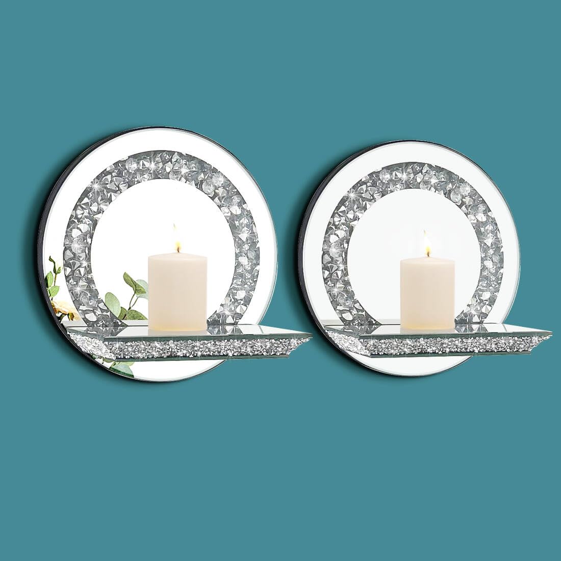 Pibeyer Mirror Candle Sconce with Acrylic Diamond Crushed Diamond Wall Candle Holder Home Decor