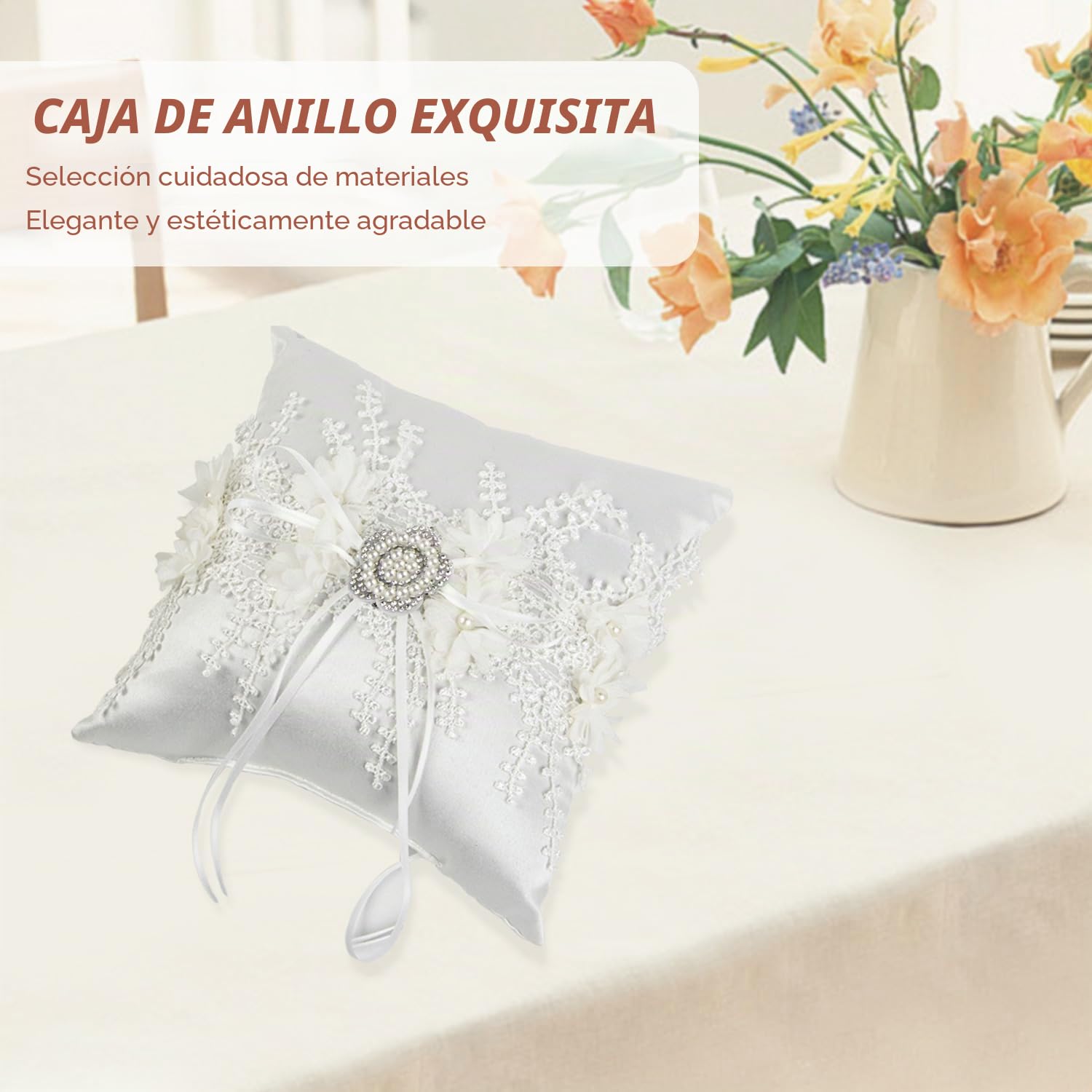 Cojin de Anillos Boda Vintage Porta Alianzas Blanco Anillos de Boda Almohada 18x18cm con Cinta y Perlas Artificiales Accesorios de Compromiso de Boda