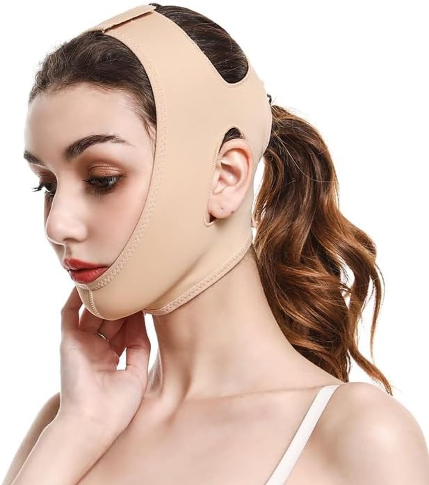 Sweetlifty Doppio Mento/Face Shapewear - Fascia Viso Lifting, Riutilizzabile, Traspirante, Crea una Mascella Raffinata (Tonalità della pelle,L (mento alla sommità della testa: 63~80 cm))