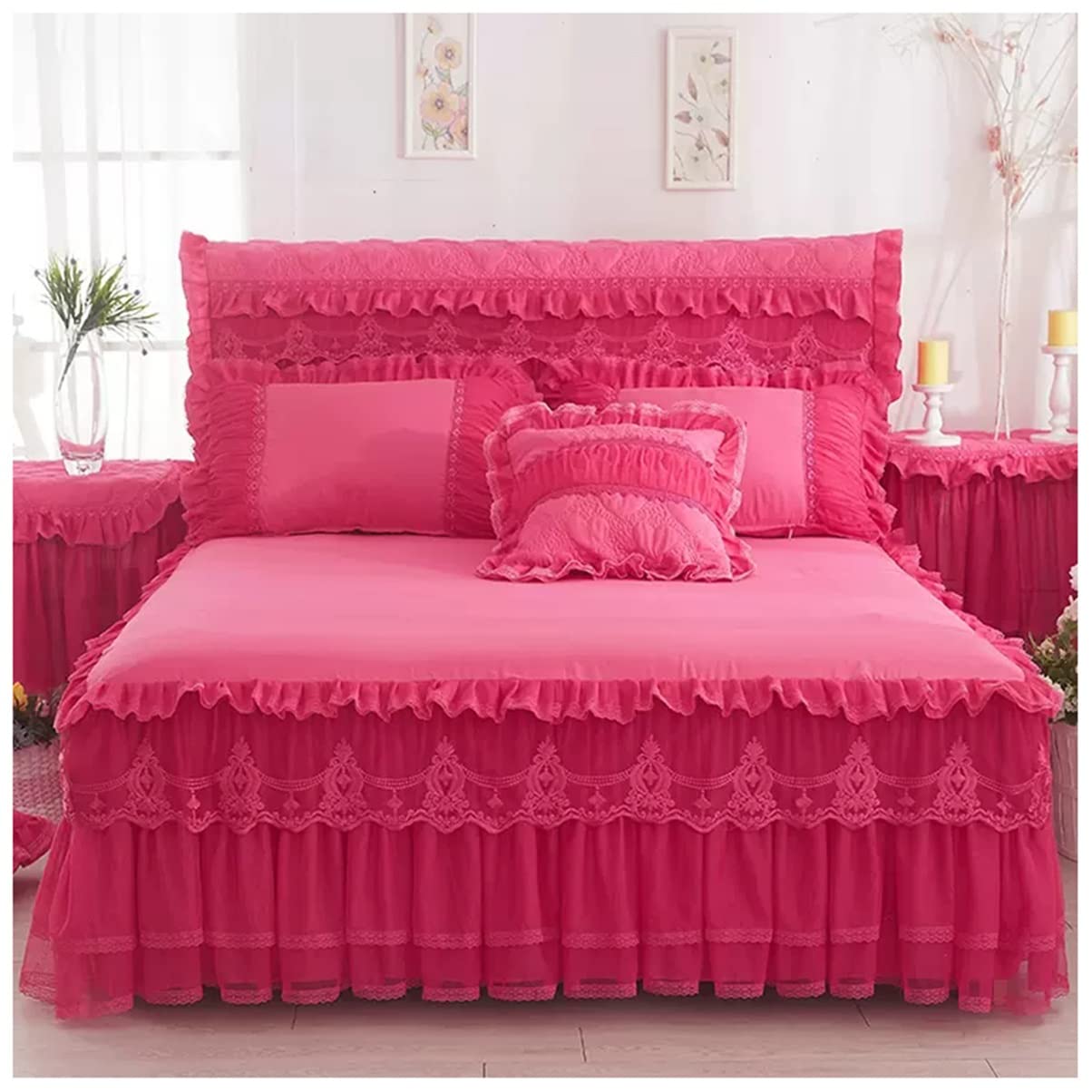 Falda de cama de encaje plisada color rosa con volantes elegantes y fundas
