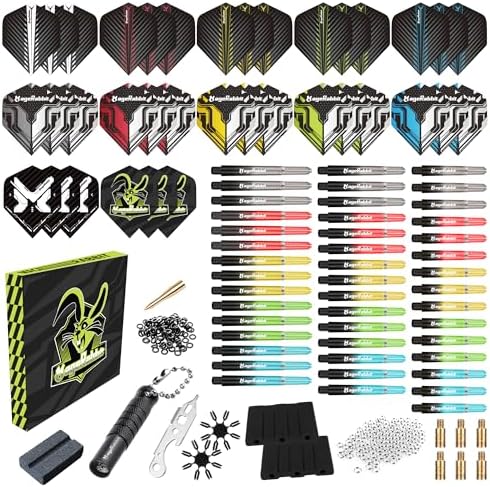 MageRabbit Dart Accessories Kit Including 36pcs Dart Flights 45pcs Dart Shafts for Steel/Soft Tip Darts,Sharpener, Dart Stems Remover Tool, 50 Metal Rings,50 Rubber Rings, Pack of 195pcs Accessories