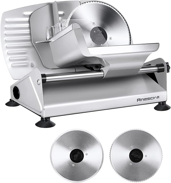 Anescra Meat Slicer, 200W Electric Deli Food Slicer Machine for Home with Two Removable 7.5 Stainless Steel Blades, 0-15mm Adjustable Thickness