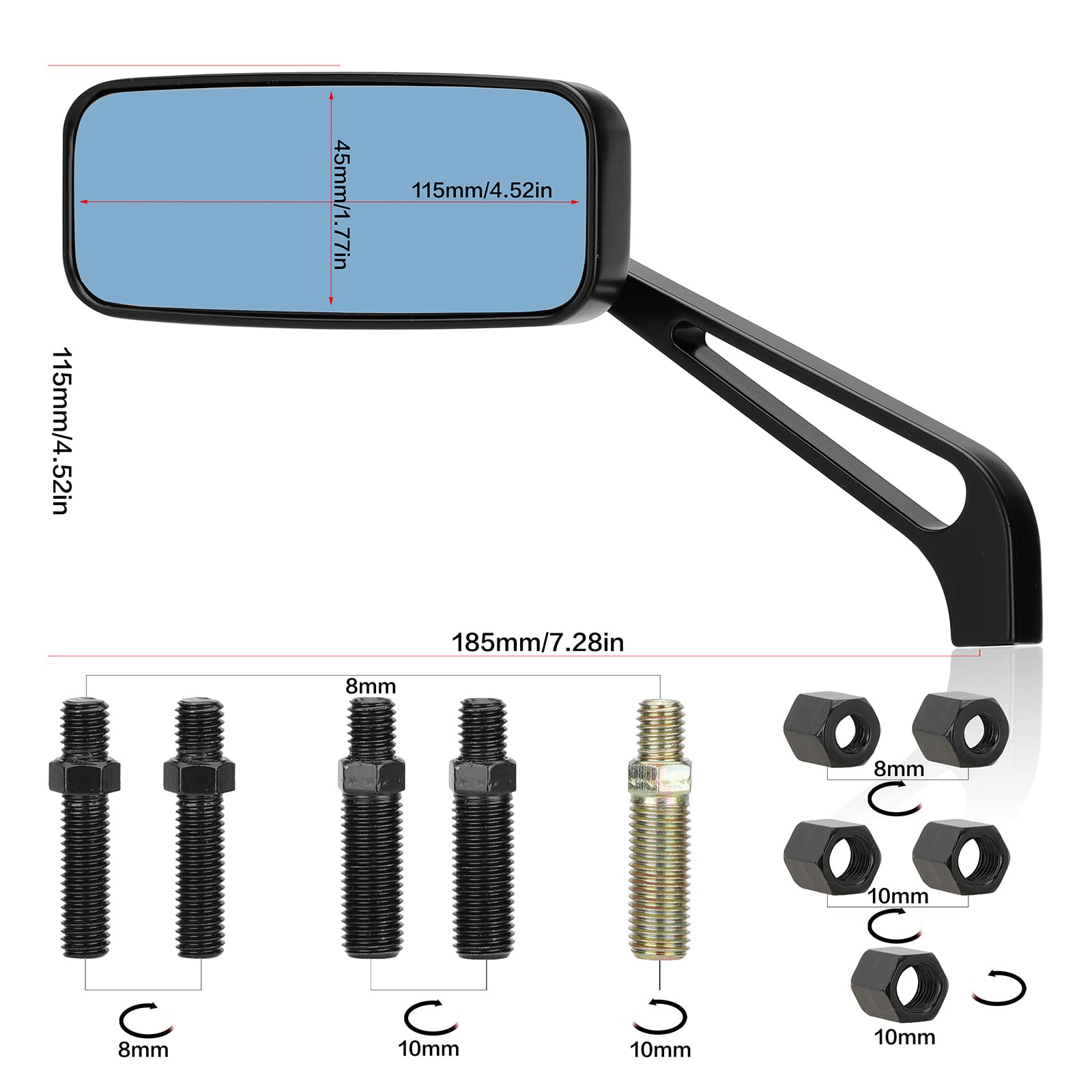 LKV 8mm/10mm Rétroviseur Latéraux Rectangle universel guidon aile rétroviseu pour Bobber Cruiser Choppers Touring ATV Sport vélo