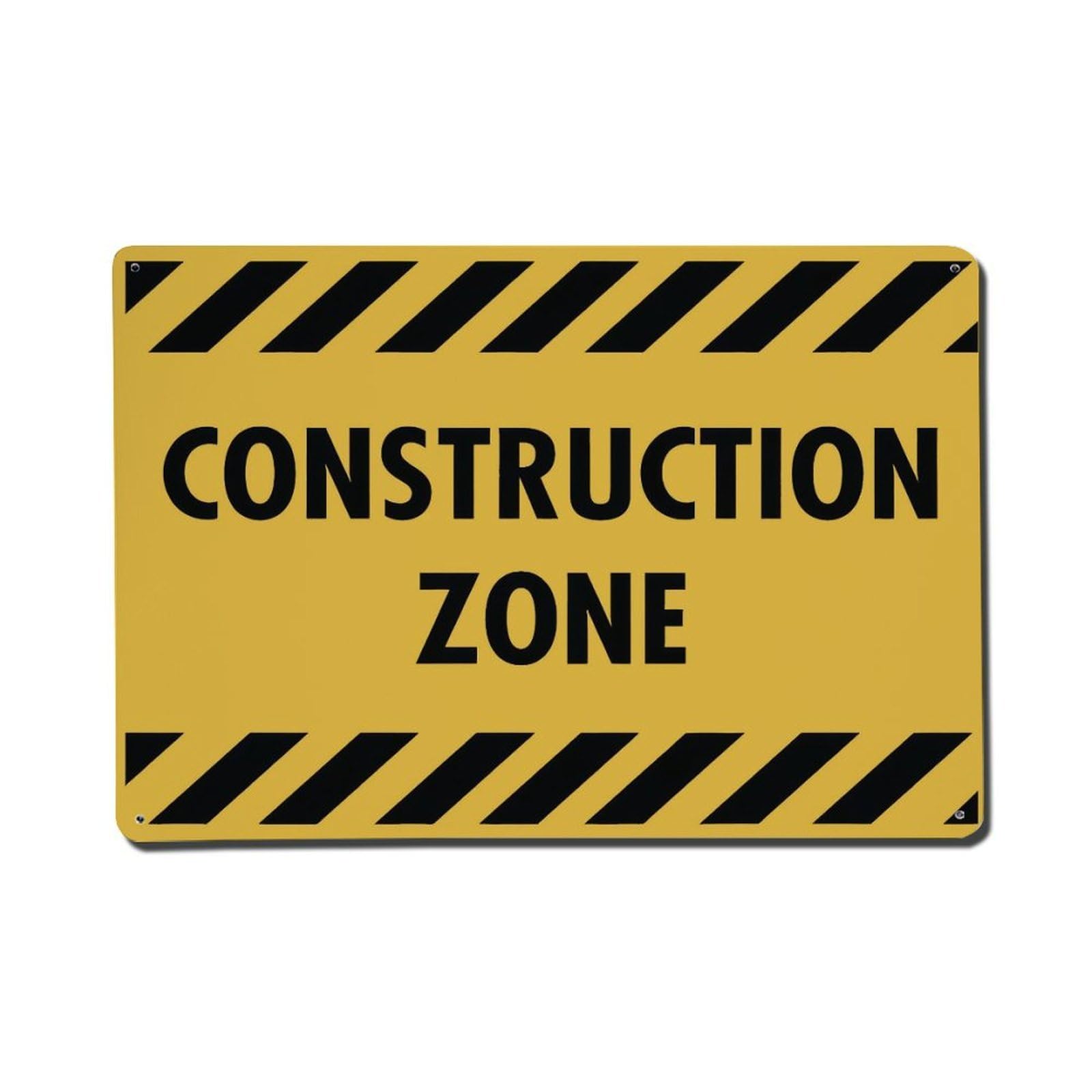 Construction Zone Yellow Black Hazard Stripes Warning Sign Vintage Aluminium Metal Sign, Retro Wall Decor for Home, Bar, Garage & Farmhouse 20x30cm