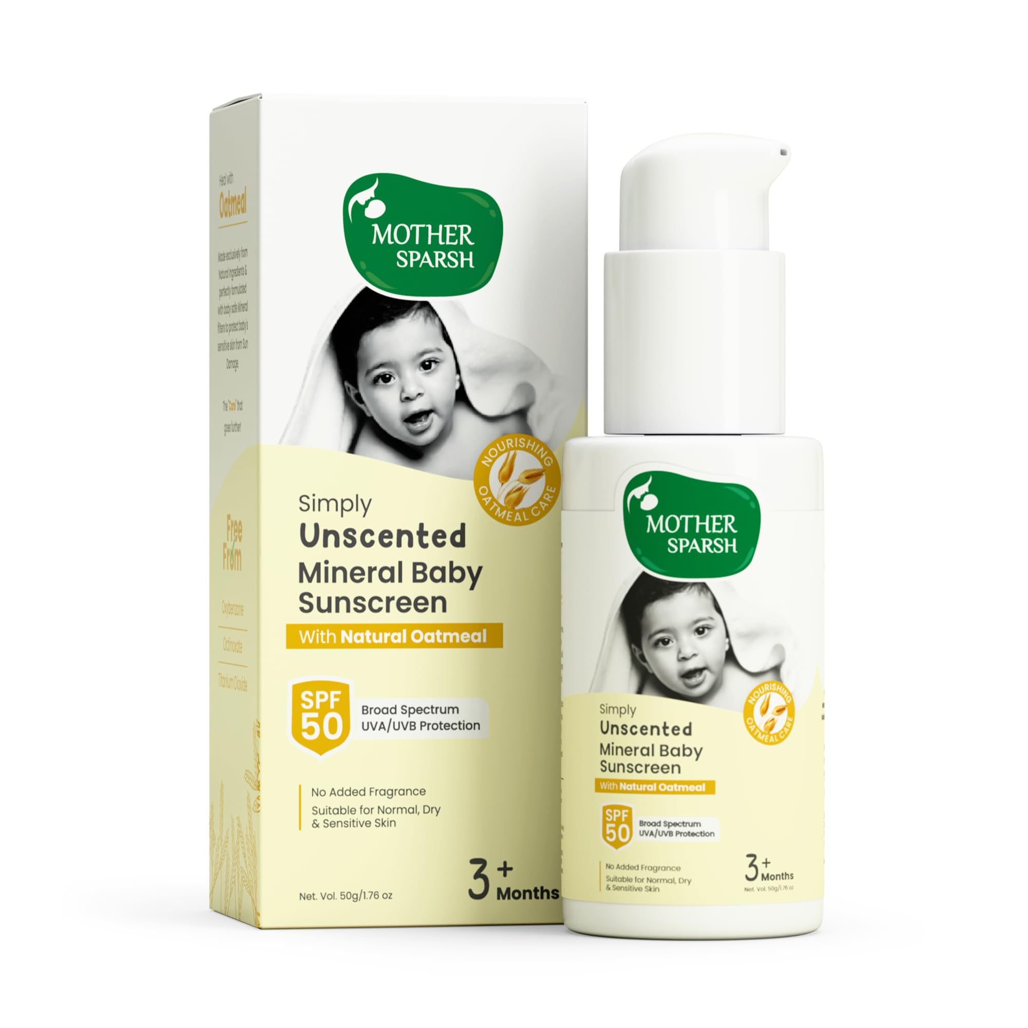 Mother Sparsh Simply Unscented Mineral Baby Sunscreen with Natural Oatmeal -50g, with SPF 50 & UVA/UVB Protection | Fragrance Free Sunscreen for Babies with Sensitive Skin (B0D989LJM2) Amazon Price History, Amazon Price Tracker
