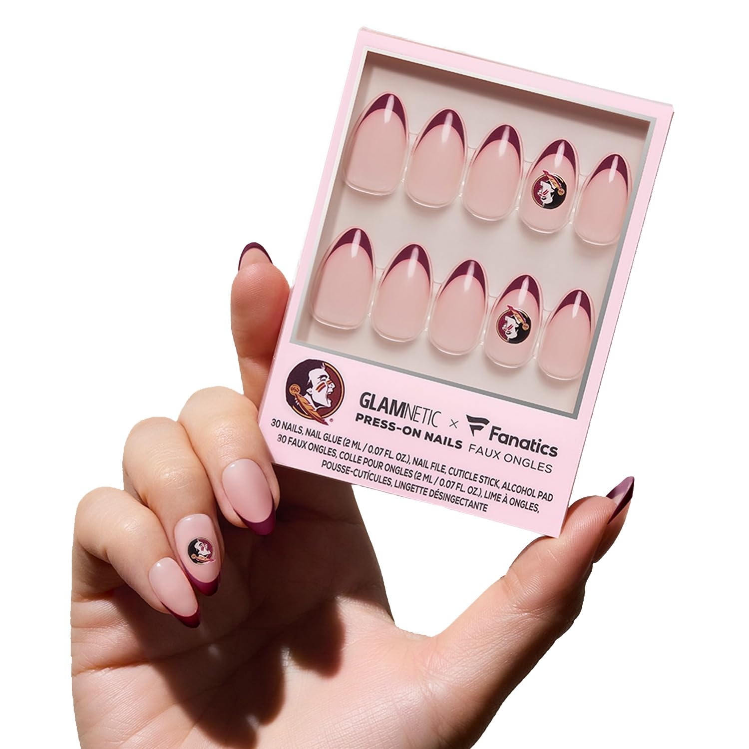Glamnetic x Fanatics Press On Nails - Florida State Seminoles | Short Almond Fake Nails, Collegiate Seminole Red French Tips, College Nails,