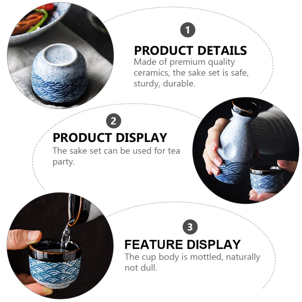 Housoutil Service De Tasses À Saké en Céramique Japonaise 4 Tasses 20 ML Et 1 Pot 180 ML Design Ondes pour Réceptions Familiales Et Décoration Intérieure