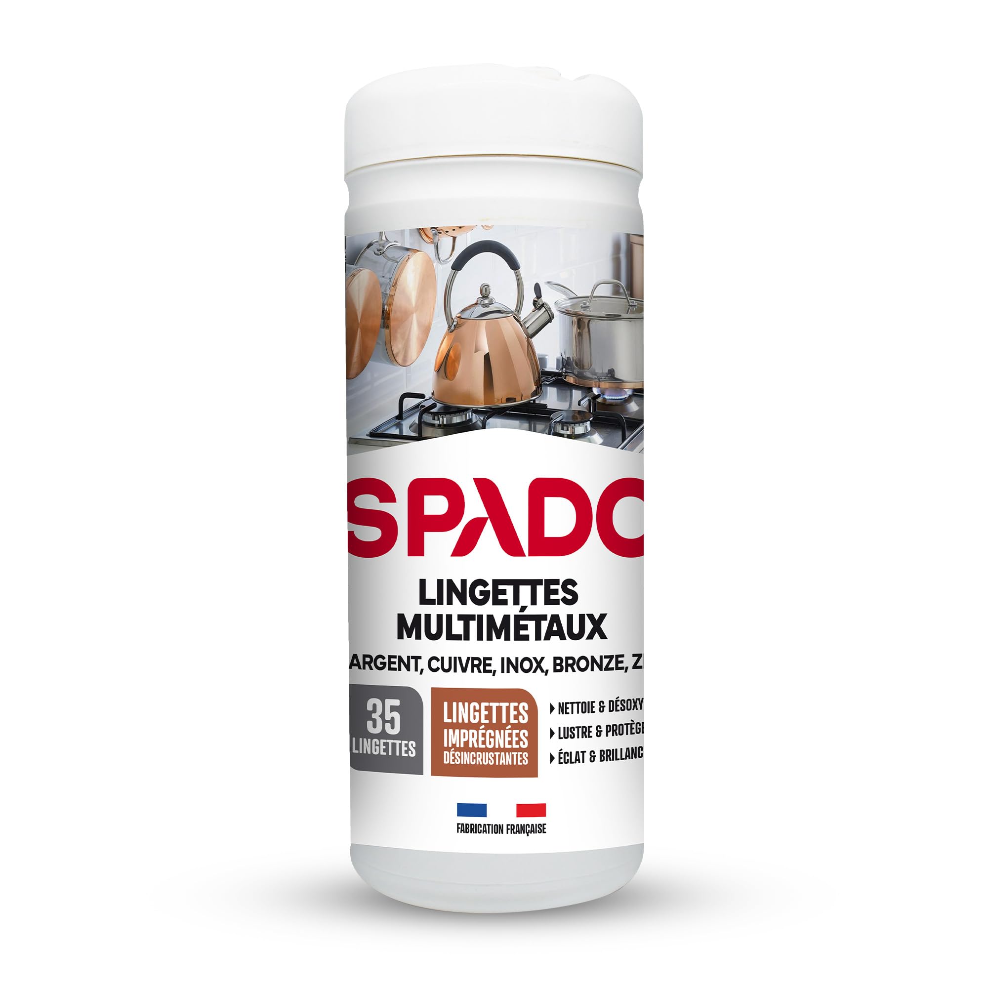SPADO - Lingettes multi métaux - Nettoie et désoxyde couverts, bijoux, plats et argenterie - Fait briller - Lingette désincrustantes - 35 lingettes - Fabriqué en France