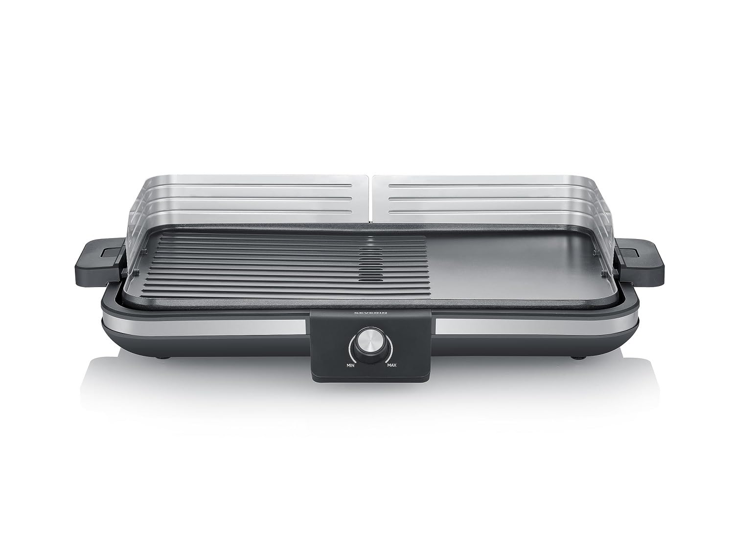 Severin Tisch-Grill Plancha, bis zu 8 Personen, 50x30cm, glatte und gerippte Oberfläche, bis 230 Grad, antihaftbeschichtete Grillplatte, für Innen und Außen, 2300W Leistung, schwarz, RG 8564