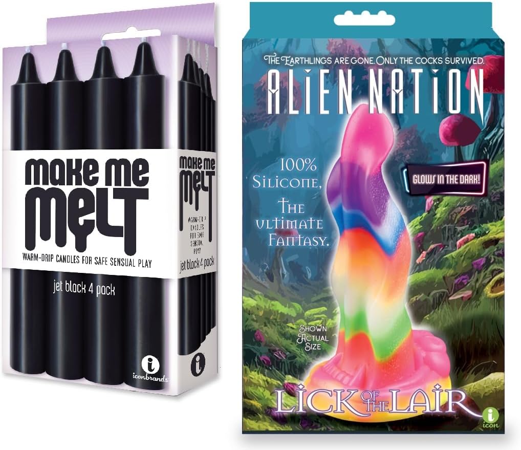 Couples Sex Toy Bundle of Make Me Melt Sensual Warm-Drip Candles, 4 Pack, Jet Black and Icon Brands Alien Nation Lick of The Lair Silicone Glow in The Dark Creature Dildo - Multicolor