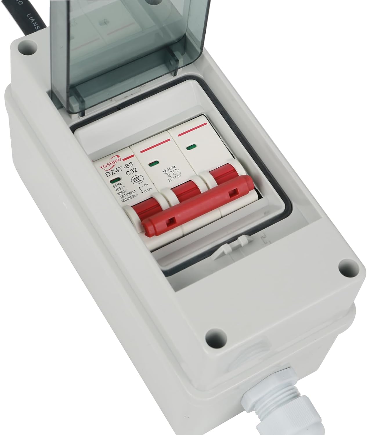 Adapter CEE 63 A 400 V wtyczka na 32 A 400 V sprzęgło z wyłącznikiem nadprądowym 32 A, H07RN-F 5G4/5G6 5 x 2,5 mm² kabel gumowy, wtyczka CEE IP44