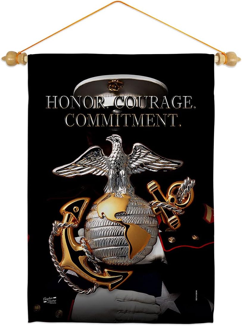Honor Courage Commitment Garden Flag - Set Wood Dowel Armed Forces Marine Corps USMC Semper Fi United State American Military Veteran Retire Official - House Yard Gift Double-Sided 13 X 18.5